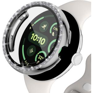 Screen Protector Case Compatible with Google Pixel Watch 3 41mm 45mm Bling Rhinestone Case Hard PC Full Protective Cover with Tempered Glass Film for Pixel Watch 3 Accessories(Silver, 41mm)