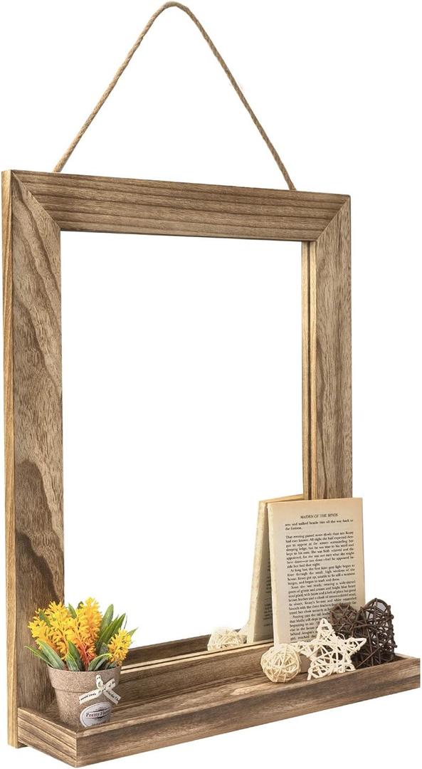 Emfogo Wall Mirror with Shelf, 20 x 16 inch Farmhouse Decor Wall Mirror Hanging for Bathroom, Vanity, Bedroom, Entryway, Living Room (Rustic Brown)