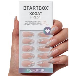 BTArtbox French Tip Press On Nails - Lamp-Curable 3D Sculpting Medium Almond Press On Nails with Glue for Women, Semi-Transparent Soft Gel Glue On Nails in 15 Sizes - 30 Stick On Nails Kit, Starlet