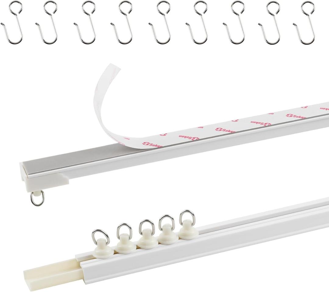TYRON Adhesive Curtain Track Ceiling or Wall Mount(128"/ 10.7 FT), Ceiling Track Room Divider, Self Adhesive Curtains Rod No Drill, Screws or Tools, Curtain Hangers No Damage