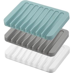 Self Draining Soap Dishes, 3 Pcs Silicone Soap Saver, Waterfall Drainer Soap Holder for Bathroom, Extend Soap Life, Keep Soap Bars Dry Clean & Easy Cleaning (White, Gray, Teal)