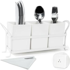 KAQAHIDO Utensil Caddy with Drain Holes, Cutlery Organizer for Kitchen Countertop Drawer 3pcs Bins Set Silverware Holder for Spoon, Fork and Knife, White