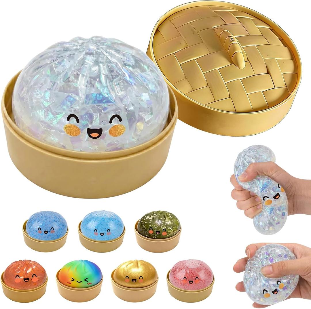 Glitter Dumpling Squishy, New Mystery Glitter Dumpling Squishies Box, Jumbo Squishy Toy with Steamer Box, Colorful Fidget Stress Balls, Soft Squeeze Decompression Dough Sensory Play Toy(Glitter White)