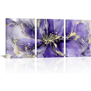 Visual Art Decor Flower Wall Art Bathroom Decor Floral Pictures Woman Girls Bedroom Office Wall Decor, Framed 12x16inchx3Pieces (Purple)