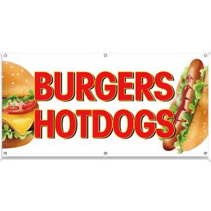Tudomro 2x4 Feet Burgers & Hot Dogs Banners Polyester Fabric Sign Polyester Burgers Hot Dogs Concession Stand Banner with Two Metal Grommets Weatherproof Industrial Yard Signs