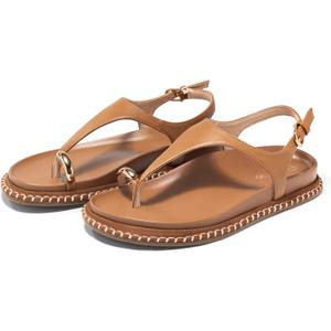 Coutgo Womens Toe Ring Flat Sandals Comfortable Flip Flops T Strap Footbed Sandals Ankle Strap Summer Beach Shoes (9, Brown)