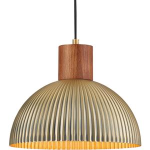 ELYONA Vintage Ash Wood Dome Pendant Light 12" Hanging Lamp with Brushed Brass Metal Shade & Gold Inner Finish, Modern Pendant Light Fixtures for Kitchen Island Dining Room Bedroom Living Room Hallway