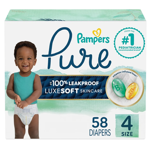 Pampers Pure Protection Baby Diapers, Size 4 (22-37 lbs), 58 Count, Up to 100% Leakproof, Premium Plant-based Skin Protection, Hypoallergenic Soft Diapers