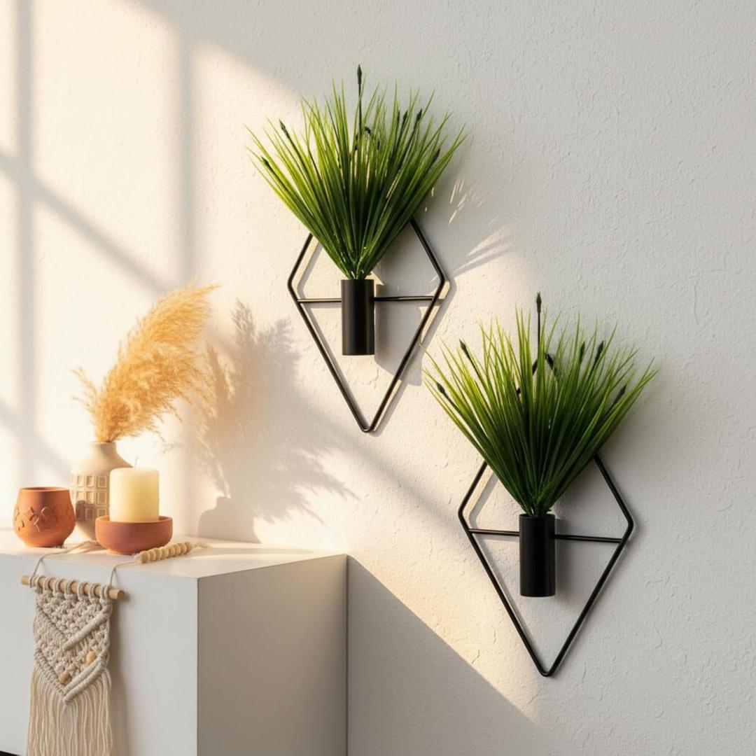 4 Pcs Wall Decor Hanging Planters with Artificial Plants Metal Hanging Vase Indoor Plants Holder Modern Boho Wall Art for Bathroom Bedroom Living Room Decor(Black,Aquatic Plant)