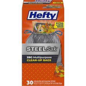 Hefty Steelsak Heavy Duty Large Trash Bags, Gray, Unscented, 39 Gallon, 30 Count