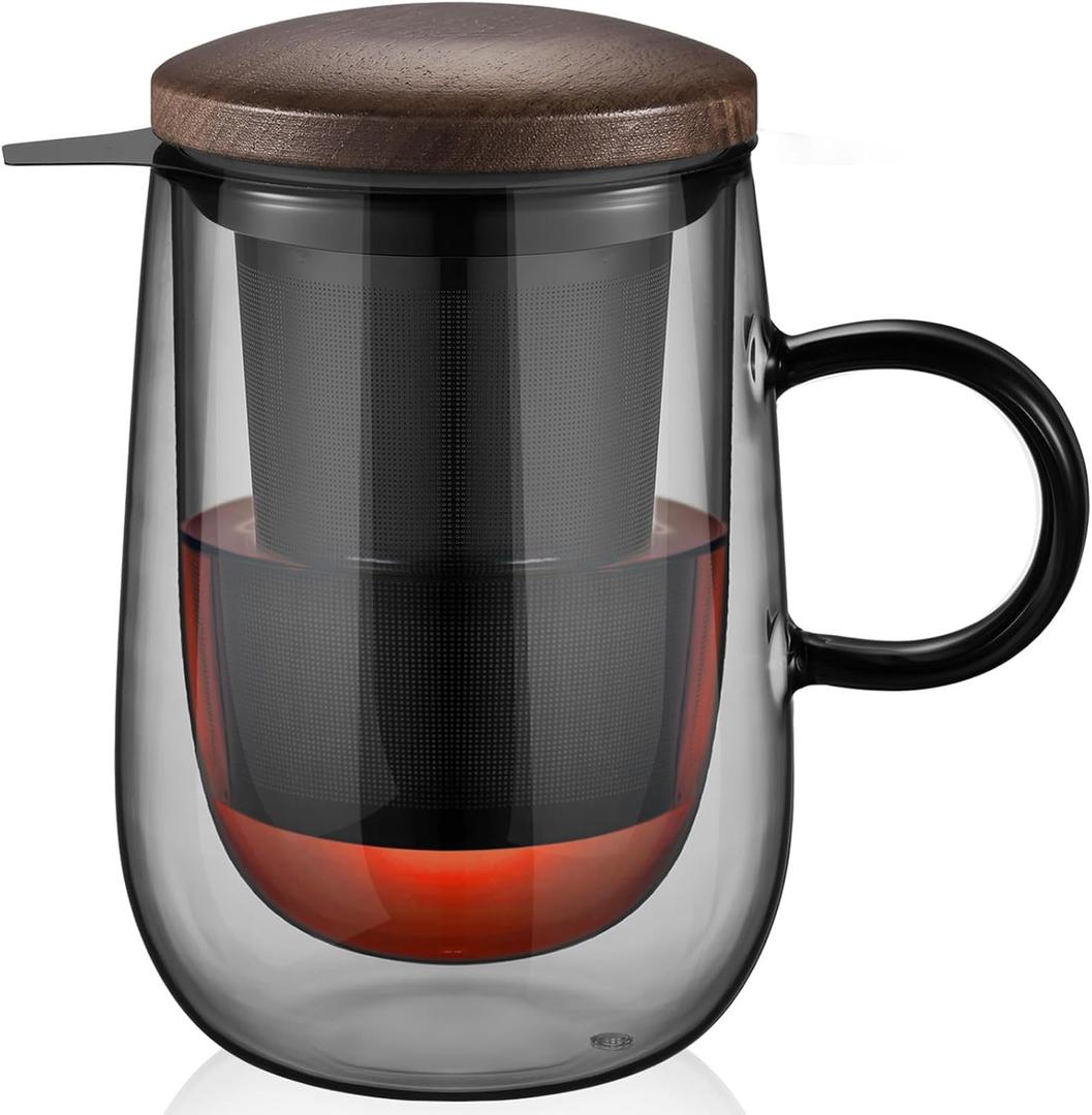 glastal Tea Infuser Mug 14.5oz Glass Tea Cup with Removable Stainless Steel Infuser and Lid, Double-walled Black Glass Tea Cup Teacup for Loose Leaf Tea, Birthday for Parents Dad Mum Friends Office (Type 2 Black)
