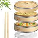Flexzion Bamboo Steamer Basket Set (10 inch) with Stainless Steel Banding, 50 x Steamer Liners and 2 Pairs of Chopsticks, Steam Baskets for DimSum Dumplings, Rice, Vegetables, Fish and Meat