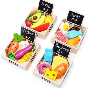 Food Groups - 20 Wooden Play Food Sets & 4 Crates & 4 Mini Blackboard & 15 Play Money, Pretend Toy Food Kitchen Accessories for Toddlers & Kids Ages 3+