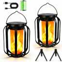 Solar Lanterns Outdoor Lights, 2 Pack Flickering Flame Garden Lights with 2 Modes Dual Charging USB & Solar, Outdoor Waterproof Hanging Lantern for Halloween Party Holiday Decor