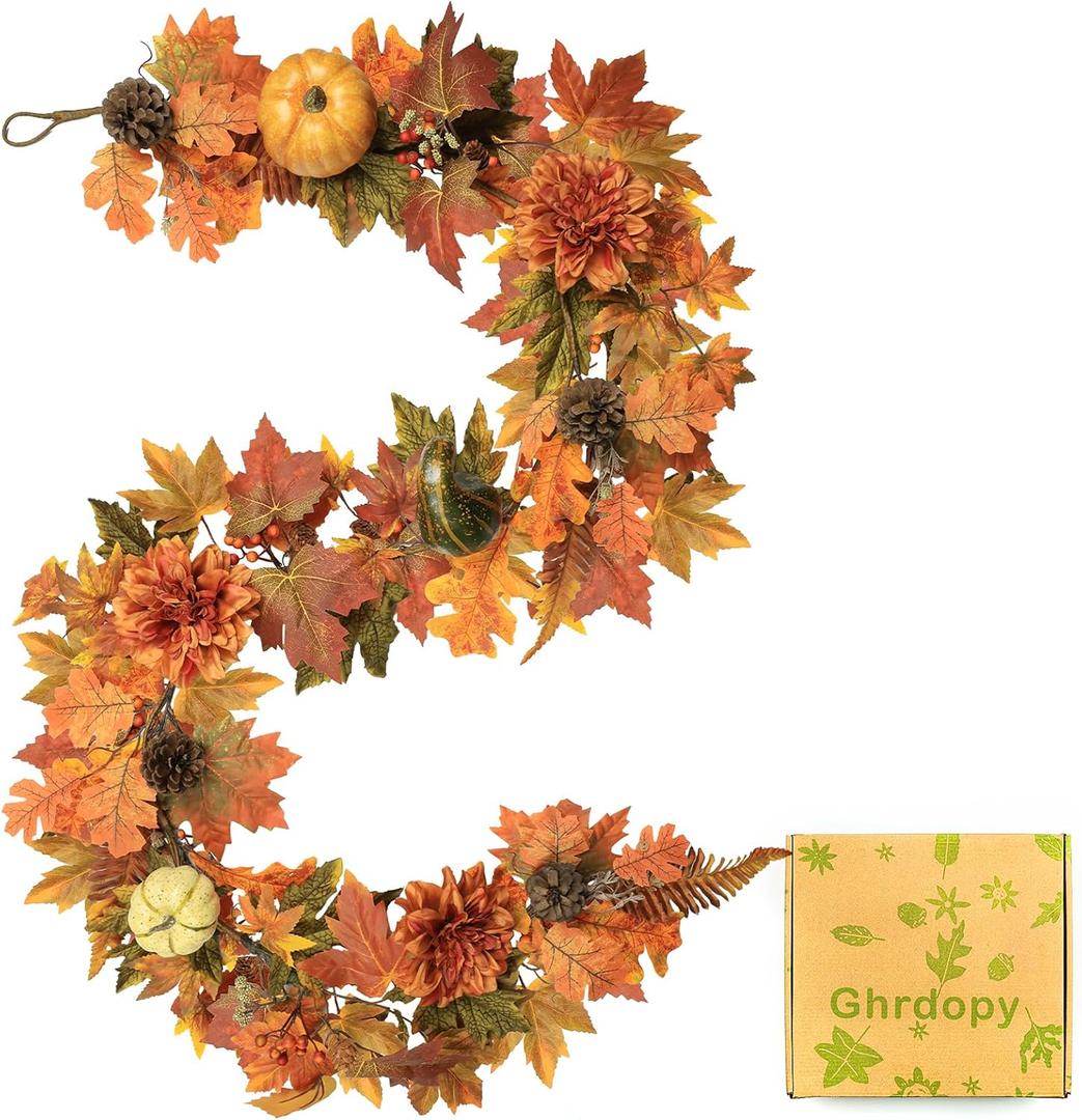 Artificial Fall Maple Leaves Garland Hanging Vine 6Ft Fake Pumpkin Pine Berries Autumn Decoration Garland Decor for Fireplace Home Doorway Party Indoor Outdoor (Style 1)