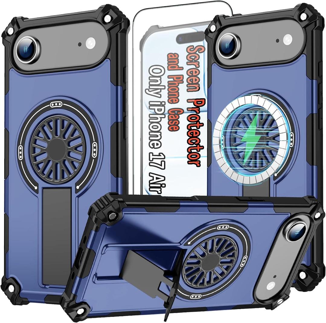 17 Air Phone Case Magnetic for i Phone 17 Air Phone, with Stand and HD Screen Protector [Compatible with MagSafe Accessories], Heavy Duty Rugged Drop Protection Case for iPhone 17 Air, Blue