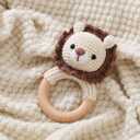 Wooden Baby Rattle, Crochet Lion Rattle, Newborn Wooden Animal Rattle Toy, Infant Rattle Toys