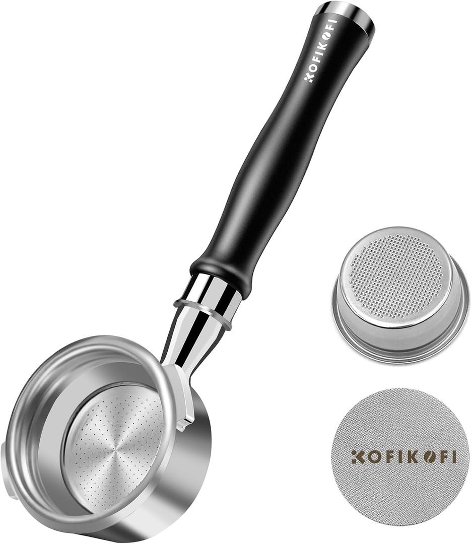 58mm Bottomless Portafilter For Gaggia, 2 Ears Flat Naked Portafilter Fits Gaggia Espresso Coffee Machines with Anodized Aluminum Handle, Stainless Steel Head,18g Filter Basket, Puck Screen Included (Black)