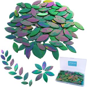 LITMIND 120PCS Iridescent Green Leaf Mosaic Tiles  Precut Stained Glass Petals in 2 Sizes, Rainbow Craft Kit for DIY Art Projects