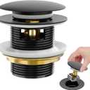 BOTEMY Solid Brass Pop-Up Drain with Overflow for Freestanding Tubs, Tool-Free Installation Bathtub Drain Stopper with Matte Black Finish, Universal Fit 1.8" Hole, Leak-Proof Heavy DutyMatte Black