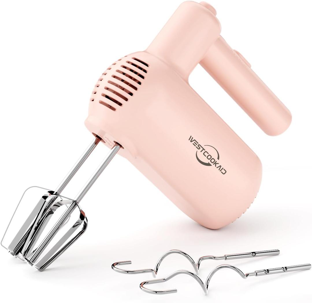 Hand Mixer Electric, 5 Speed Hand Mixer Electric Handheld with Turbo, Lightweight Stainless Steel Beaters, Dough Hooks, Blending or Cooking (Pink)