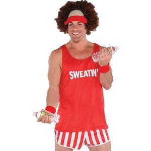 Red Fitness Instructor Costume Set - Adult Standard Size Workout Outfit (Includes Red Wig, Headband and Wristbands) - Ideal for Costume Parties, Gym Workout Sessions, Fitness Events & More, Pack of 3