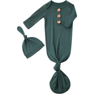 Newborn Baby Boys Girls Knotted Gown Hat Set Soft Bamboo Viscose Infant Sleeper Baby Sleep Gown with Mittens (Green, 
0-3 Months	19 - 23	7 - 12lb
)