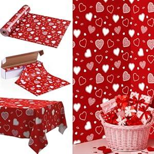 Tudomro 54 Inch x 100 ft Valentine Day Tablecloth Roll, Valentine Party Supplies, Waterproof Plastic Red Heart Tablecloth Disposable Table Cover for Heart Love Birthday Party Decoration