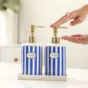Coastal Blue & White Ceramic Soap Dispenser Set with Gold Pump 3-Piece Bathroom & Kitchen Accessories with Tray, Refillable Lotion & Dish Soap Pump Bottles for Beach House & Nautical Dcor