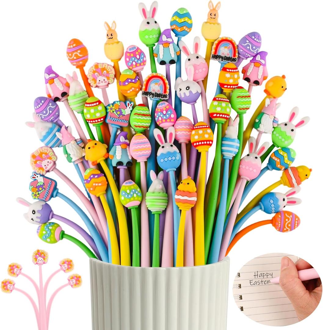 LiYiQ 50 PCS Easter Stress Relief Bobblehead Pens Fun Cute Pen Fidget Pens Kawaii Easter Eggs Rabbit Chicken Rainbows Gnome Shape Pen for Classroom Prizes, Office Supplies