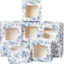 50 Pack Blue Floral Cookie Boxes with Window, Chinoiserie Small Bakery Treat Boxes for Pastry Donuts Macaroon Cupcakes, Wedding Bridal Shower Birthday Tea Party Baby Shower Favors (Flower)
