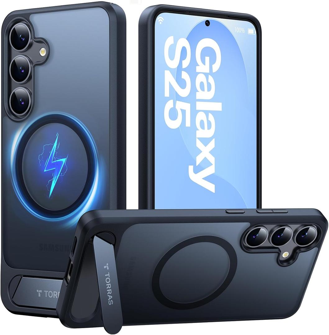 TORRAS Strong Magnetic & Seamless Stand for Samsung Galaxy S25 Case, Fit for MagSafe, Mil-Grade Drop Protection, Adjustable Kickstand for Samsung Galaxy S25 Case, Translucent Back/Black Edge