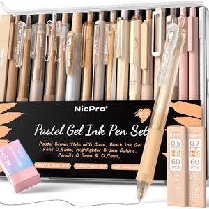Nicpro 22 PCS Pastel Gel Ink Pen Set,12 Black Ink Pens with 2 Pack Highlighters and 2 Pack Mechanical Pencil 0.5 0.7mm, Retractable 0.5mm Fine Point Note Taking Pens for School Office (Brown)