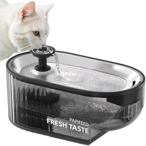 PAPIFEED Cat Water Fountain, 84oz/2.5L Automatic Pet Water Fountain Dog Water Dispenser with a Stainless Steel Tray, Easy Cleaning for Cats, Dogs, LED Light - Black
