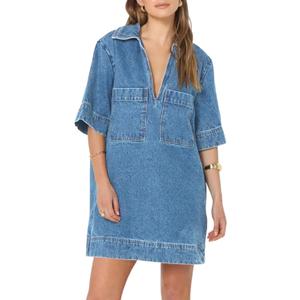 Wenrine Womens Denim Shirt Dress Summer Casual V Neck Short Sleeve Loose Jean Mini Dress (L)
