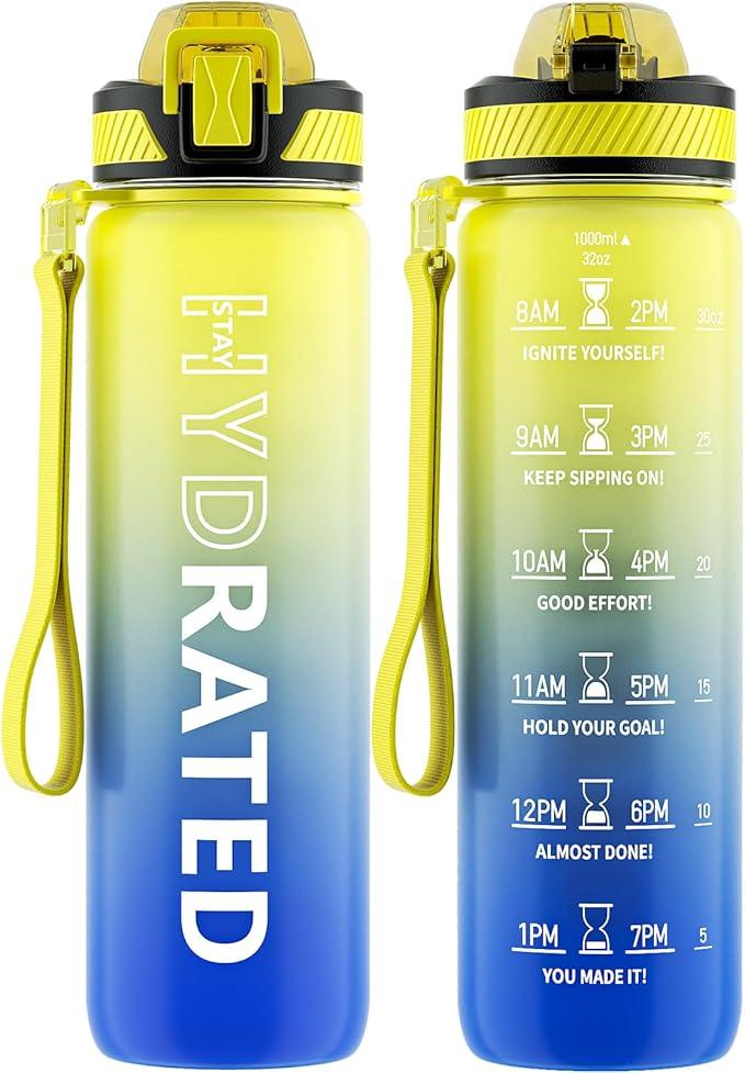 QLUR Water Bottle with Straw, 32oz Motivational Water Bottles with Time Marker to Drink, Tritan BPA Free, 1L Sports Water Bottle with Carry Strap LeakProof for Women Gym Fitness Outdoor (1 Pack)