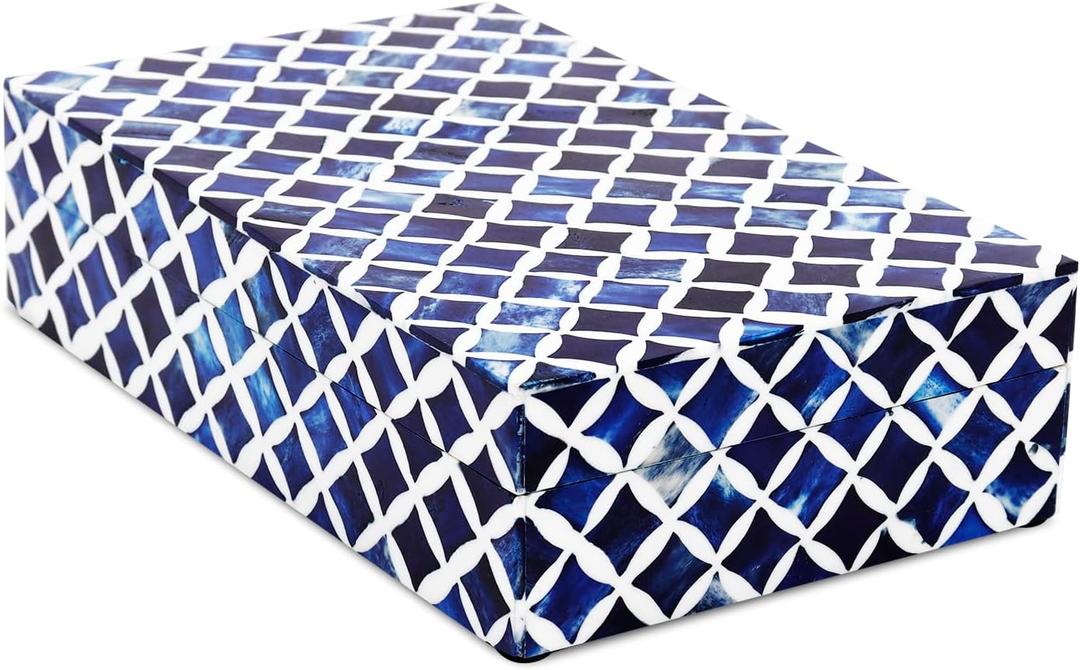 Handicrafts Home Large Decorative Storage Box with Lid  10x6x2.5 Coffee Table Organizer, Keepsake- Decorative Boxes for Home Decor, Stylish Decorative Box for Office Decor- Blue White Star