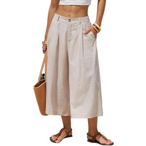EXLURA Womens Linen Capri Pants Summer Wide Leg Palazzo Pant Cotton Dressy Casual Cropped Gaucho Pant Culottes with Pockets L