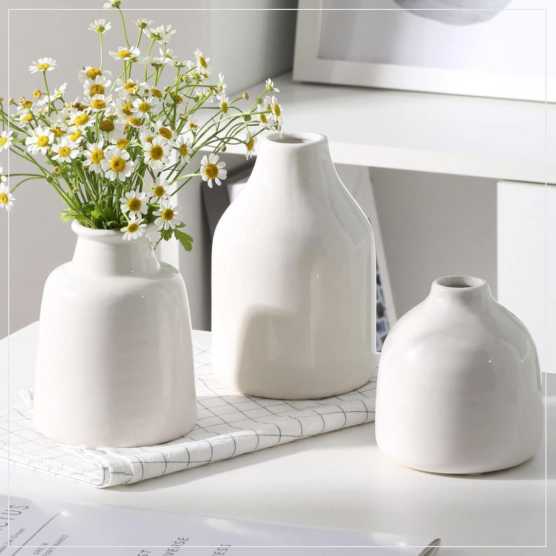hjn Small White Vase Set of 2 for Modern Home Decor,Ceramic Vases for Centerpieces Flower Vases for Living Room Wedding/Dinner Table/Party -White