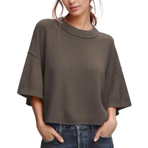 ZDC Women's Oversized Sweaters Summer 3/4 Sleeve Casual Cropped Tops Lightweight Loose Fit Knit Pullover (Brown), S