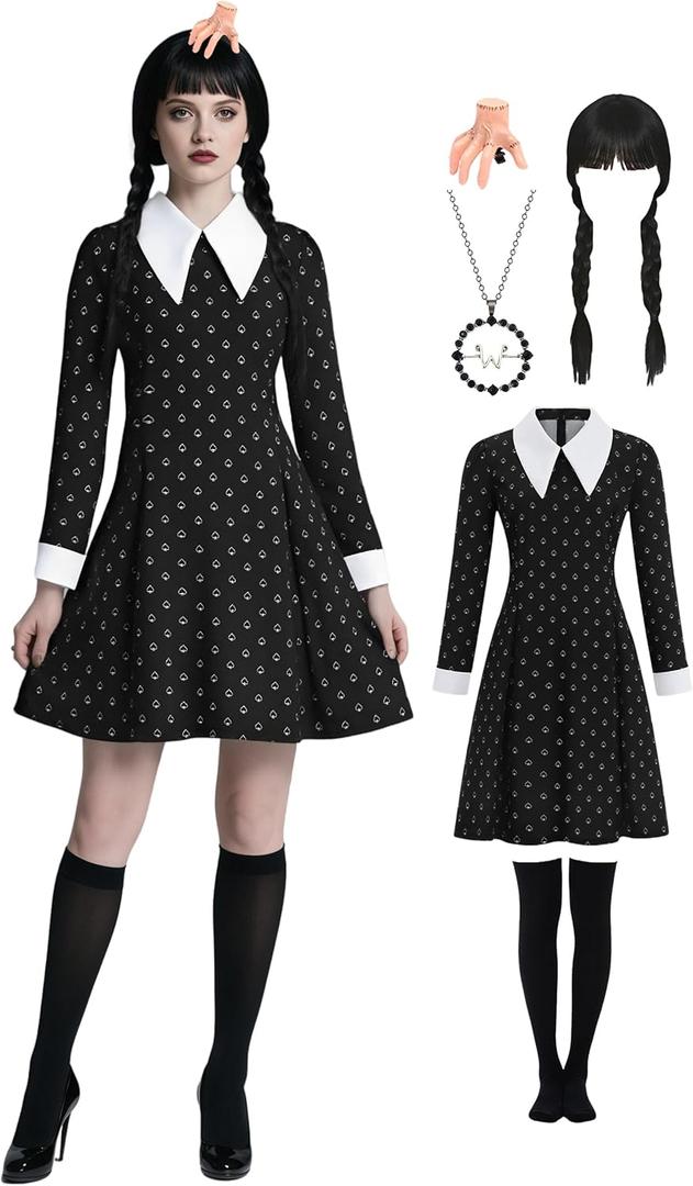 Slivomi Adult Black Dress for Halloween Costume Women with Accessories Wig Necklace for Role Cosplay SV055, M