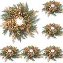 Cindeer 6 Pcs Small Christmas Candle Rings Wreaths 8.4 Inch Christmas Kitchen Cabinet Gold Wreaths Artificial Berry Garland Pillar Candle Rings for Centerpiece Table Decorations