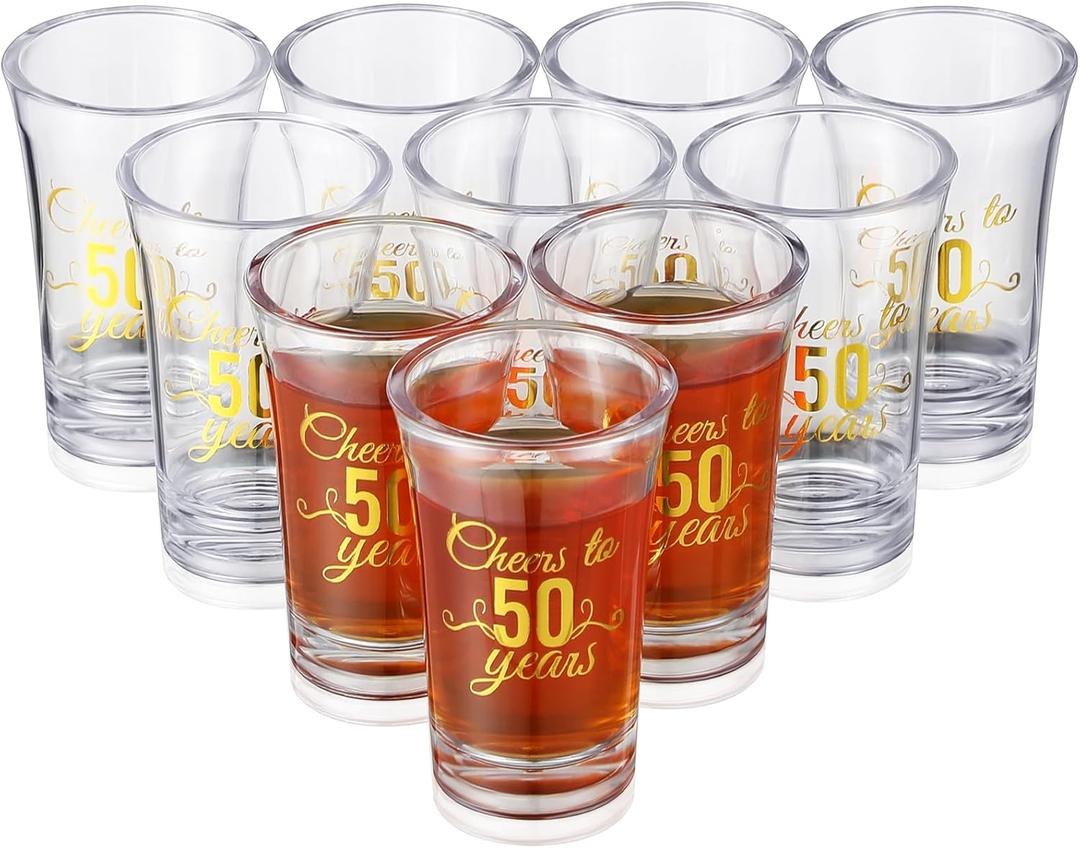 Sliner 48 Pack Birthday Shot Glasses Bulk Unbreakable 1.4 oz Cheers to 40/45/50/55/60 Years Shot Glass Thick Base Mini Clear Plastic Wine Glass Anniversary Favors for Guests Birthday (Gold,50th)