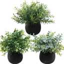 Winlyn Set of 3 Small Potted Faux Plants 8" Artificial Eucalyptus Rosemary Boxwood Plants in Black Concrete Pot Desk Plants for Home Office Bathroom Kitchen Counter Shelf Coffee Table Windowsill Dcor (Black Pots)