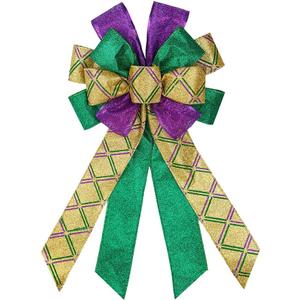 Purple Green Glitter Plaid Mardi Gras Bows for Wreaths - Large Mardi Gras Decor for Home Garden Indoor Outdoor Decoration