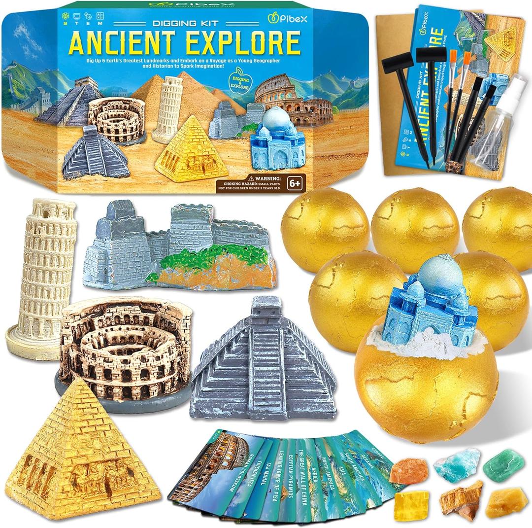 Ancient Wonders Dig Kit, Excavate 6 Treasure Landmarks Figurines & 6 Rocks, with History Learning Cards, Wonders of The World Toy Archaeology Set, STEM Party Favor Gifts for Boys & Girls Age 6+