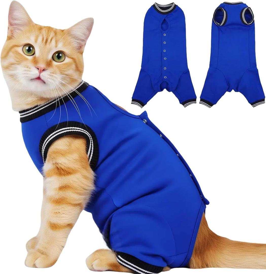 T'CHAQUE Cat Surgery Recovery Suit for Female Male, Cat Onesie Pet Surgical Pajamas Hind Legs Long Sleeve, Abdominal Wound Skin Diseases, E-Collar Alternative, Spay Neuter Recovery Suit, RoyalBlue-XL