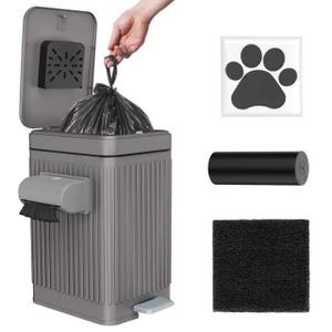 Dog Poop Trash Can for Outside & Indoor, 5L/1.3Gal Small Pet Waste Bin with Odor Control Carbon Filter Lid, 2-Way Open (Step & Press Top), Dog Waste Container with Bag Holder, Grey