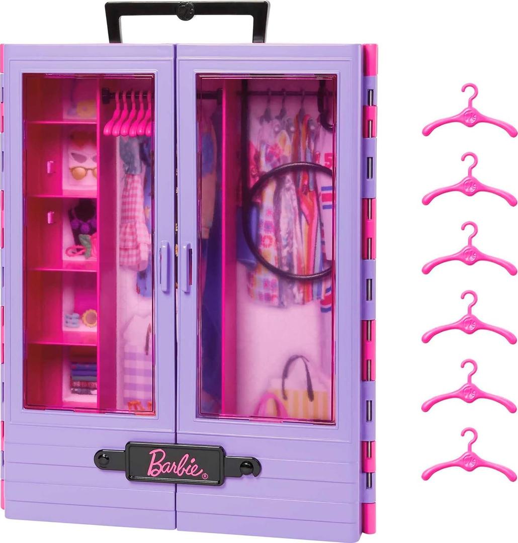 Barbie Fashionistas Ultimate Closet & 6 Hangars, Purple with Fold-Out Rack & Carrying Handle, Portable Storage for Barbie Doll Clothes & Accessories