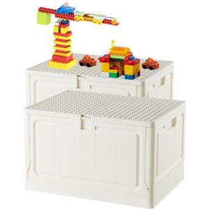 Folding Storage Box with Large Building Lid for Duplo Blocks, 28L Collapsible Storage Bin with Back Drawing Board, 29 Qt. Container Storage- 2Pack-White+White